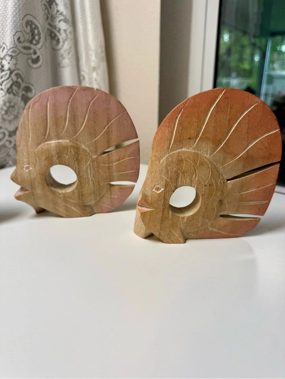 Vintage Hand Carved Wooden Fish Napkin Rings, Set of 4. Coastal Folk Art